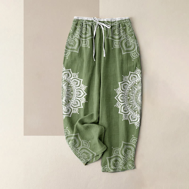 Buddha Stones Pure Cotton Mandala Pattern Women's Elastic Waist Pants With Pockets - DarkSeaGreen - US16，UK/AU20，EU48 (3XL) - image 0