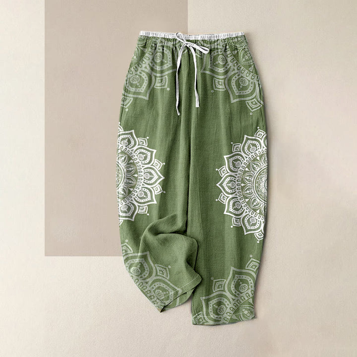 Buddha Stones Pure Cotton Mandala Pattern Women's Elastic Waist Pants With Pockets - DarkSeaGreen - US16，UK/AU20，EU48 (3XL) - image 6