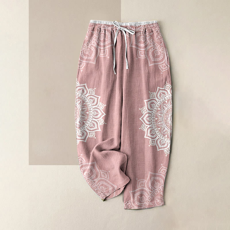 Buddha Stones Pure Cotton Mandala Pattern Women's Elastic Waist Pants With Pockets - LightPink - US16，UK/AU20，EU48 (3XL) - image 3