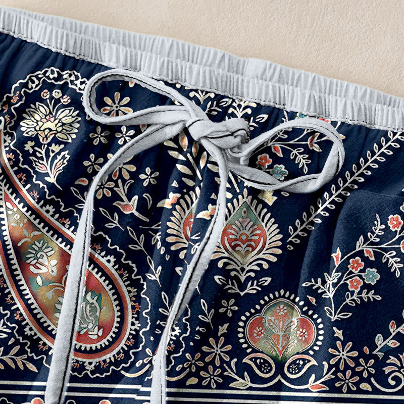 Buddha Stones Pure Cotton Paisley Lotus Pattern Women's Elastic Waist Pants With Pockets - image 1