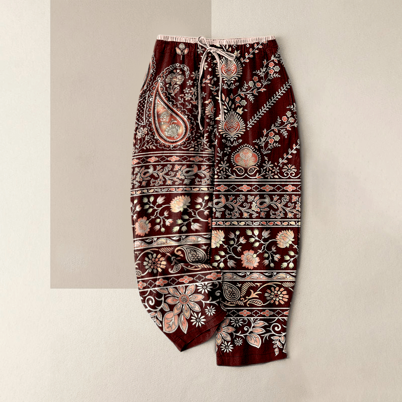 Buddha Stones Pure Cotton Paisley Lotus Pattern Women's Elastic Waist Pants With Pockets - DarkRed - US16，UK/AU20，EU48 (3XL) - image 4