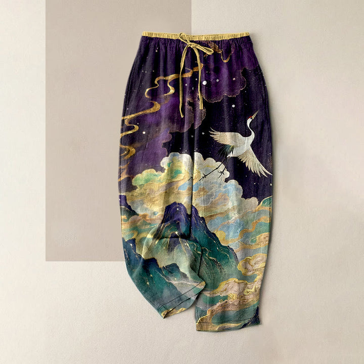 Buddha Stones Pure Cotton Crane Cloud Mountain Pattern Women's Elastic Waist Pants With Pockets - Indigo - US16，UK/AU20，EU48 (3XL) - image 4