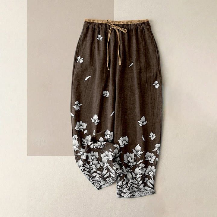 Buddha Stones Pure Cotton Flower Petal Pattern Women's Elastic Waist Pants With Pockets - SaddleBrown - US16，UK/AU20，EU48 (3XL) - image 4