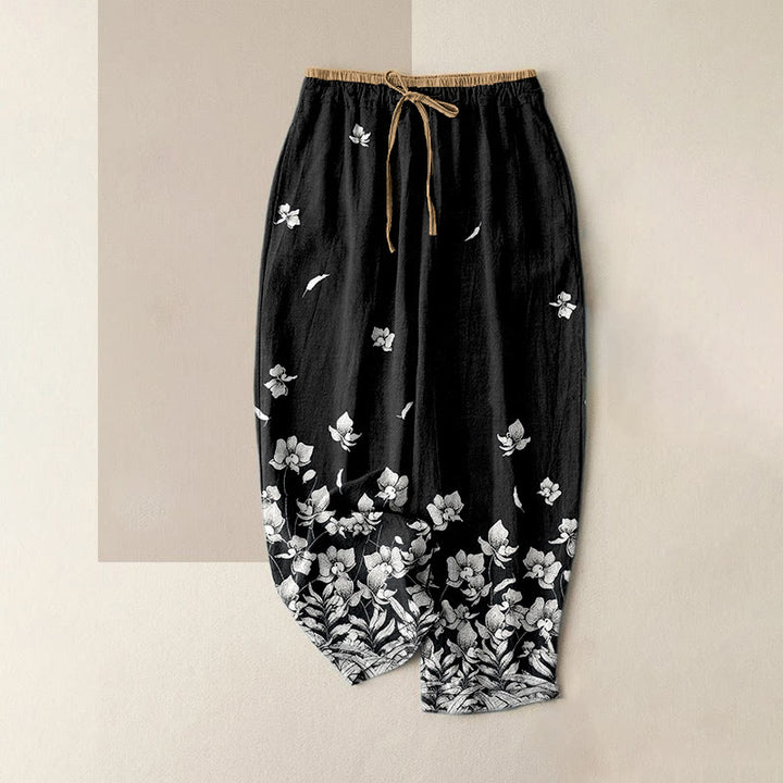 Buddha Stones Pure Cotton Flower Petal Pattern Women's Elastic Waist Pants With Pockets - Black - US16，UK/AU20，EU48 (3XL) - image 8