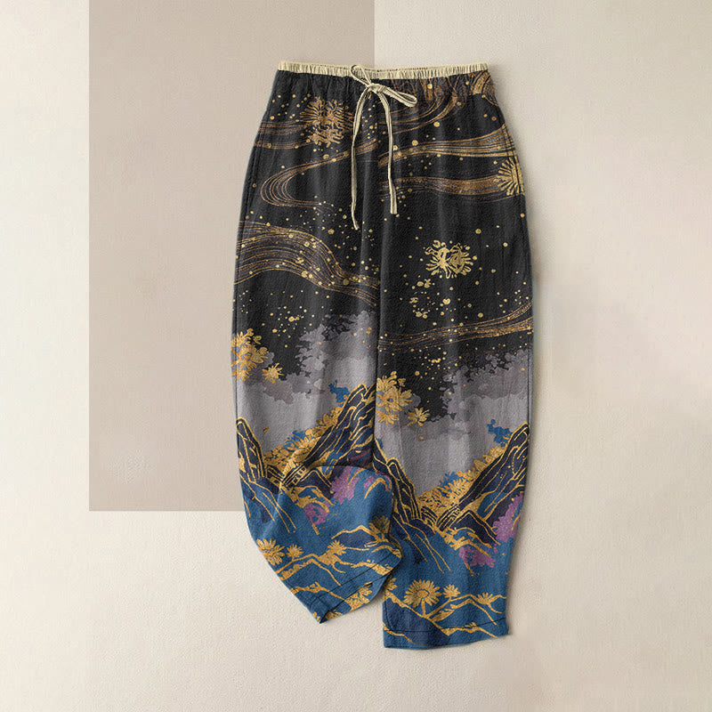 Buddha Stones Pure Cotton Flower Petal Pattern Women's Elastic Waist Pants With Pockets - Black - US16，UK/AU20，EU48 (3XL) - image 0