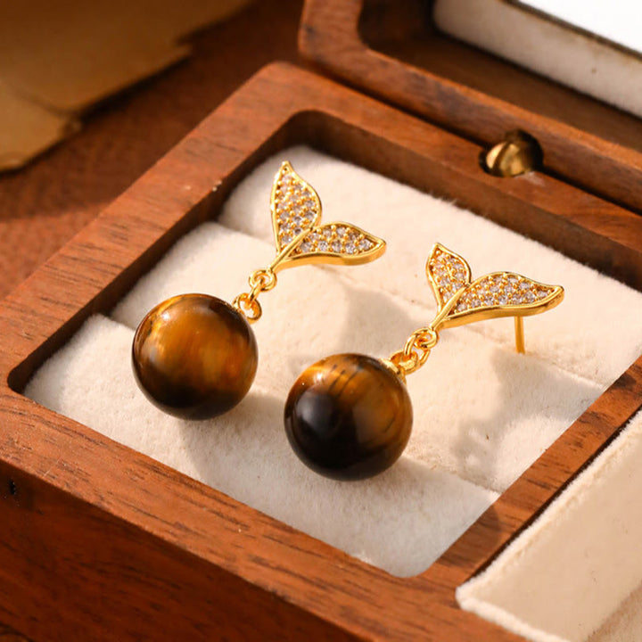 Buddha Stones Tiger Eye Round Bead Fish Tail Irregular Design Protection Earrings - Fish Tail(925 Sterling Silver Posts) - image 0