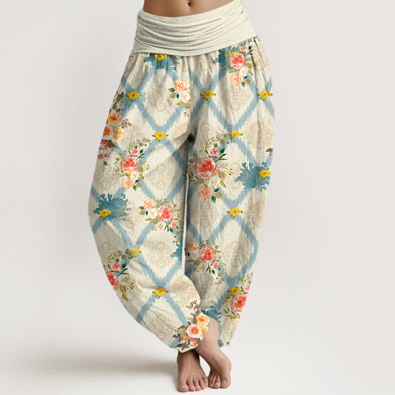 Buddha Stones Cotton Rose Geometric Colorful Flower Pattern Women's Elastic Waist Harem Pants - Seashell - US16，UK/AU20，EU48 (3XL) - image 0