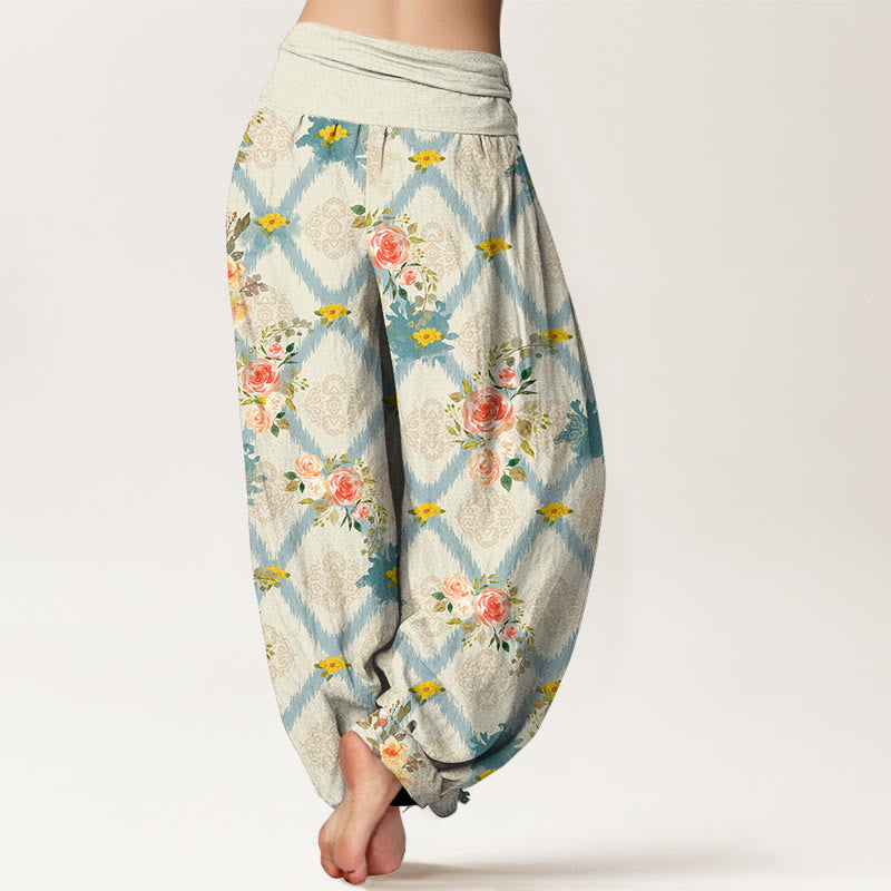 Buddha Stones Cotton Rose Geometric Colorful Flower Pattern Women's Elastic Waist Harem Pants - image 1