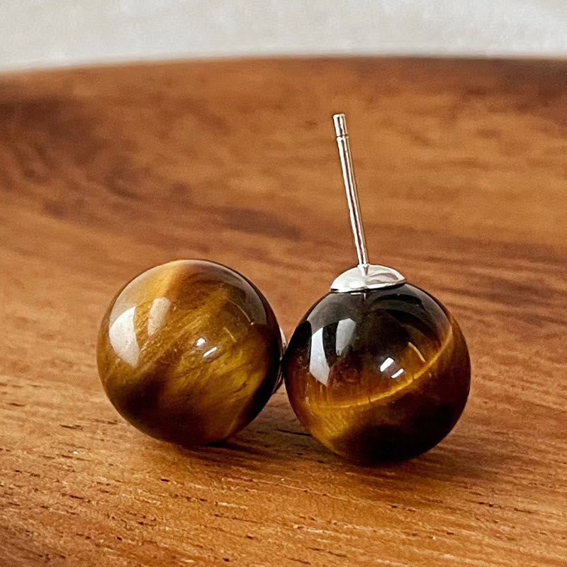 Buddha Stones Simple Tiger Eye Retro Round Protection Stud Earrings - 14mm Tiger Eye(925 Sterling Silver Posts) - image 0