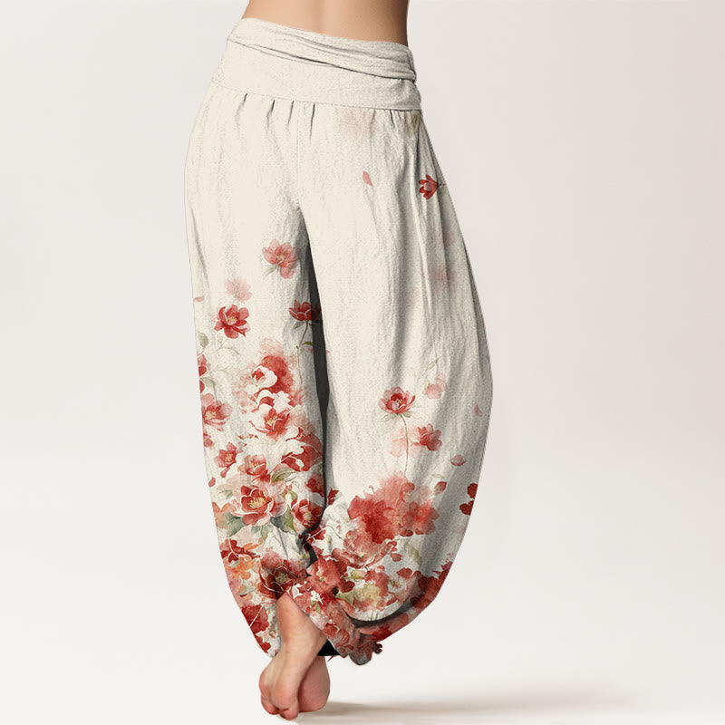 Buddha Stones Cotton Camellia Peony Blossom Pattern Women's Elastic Waist Harem Pants - image 1