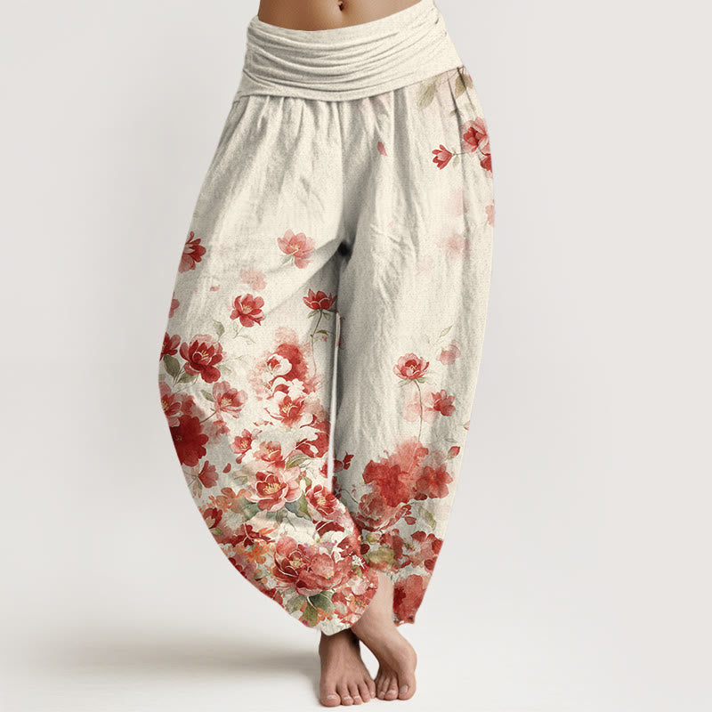 Buddha Stones Cotton Camellia Peony Blossom Pattern Women's Elastic Waist Harem Pants - FloralWhite - US16，UK/AU20，EU48 (3XL) - image 0