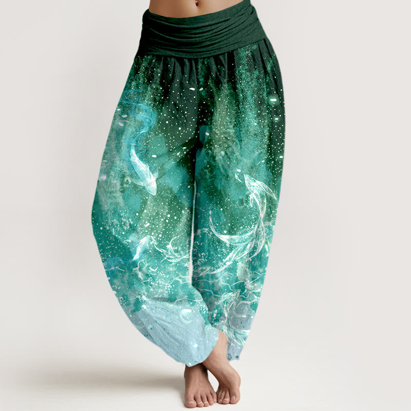 Buddha Stones Cotton Koi Fish Aquatic Pattern Women's Elastic Waist Harem Pants - ForestGreen - US16，UK/AU20，EU48 (3XL) - image 8