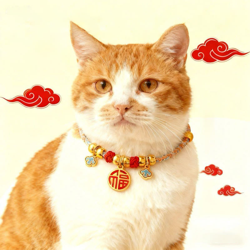 Buddha Stones Colorful String Bead Plaited Fu Character Protection Adjustable Cats Dogs Pet Collar - Fu Character - 40-50cm - image 0