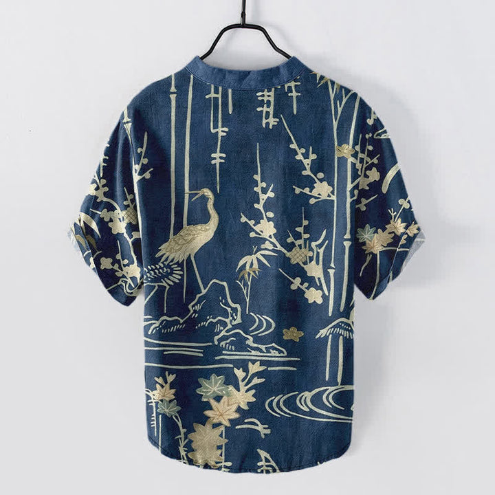 Buddha Stones Cotton Crane Bamboo Floral Pattern Men's Short Sleeve Half Button Shirt - image 1