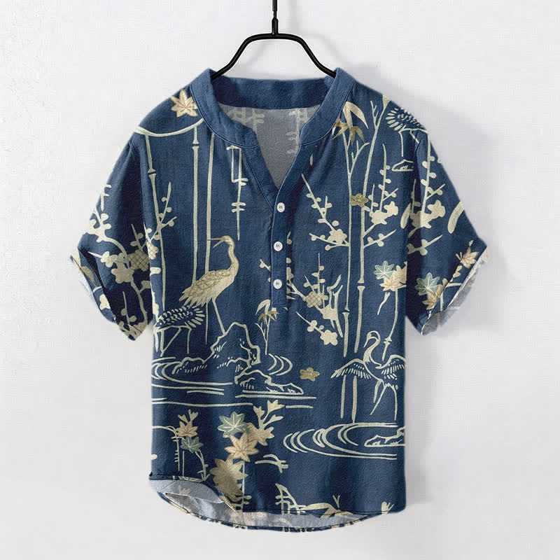 Buddha Stones Cotton Crane Bamboo Floral Pattern Men's Short Sleeve Half Button Shirt - image 0