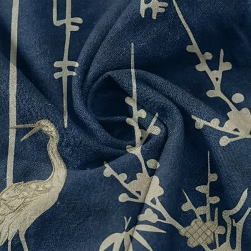 Buddha Stones Cotton Crane Bamboo Floral Pattern Men's Short Sleeve Half Button Shirt - image 4