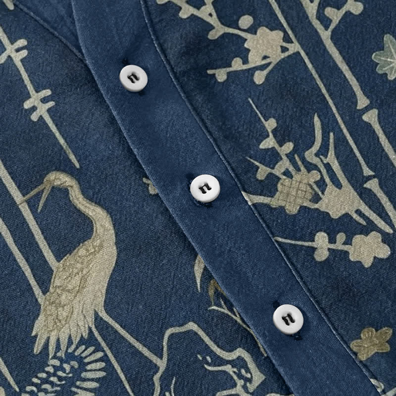 Buddha Stones Cotton Crane Bamboo Floral Pattern Men's Short Sleeve Half Button Shirt - image 3