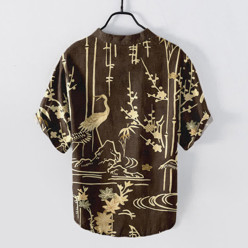 Buddha Stones Cotton Crane Bamboo Floral Pattern Men's Short Sleeve Half Button Shirt - image 6