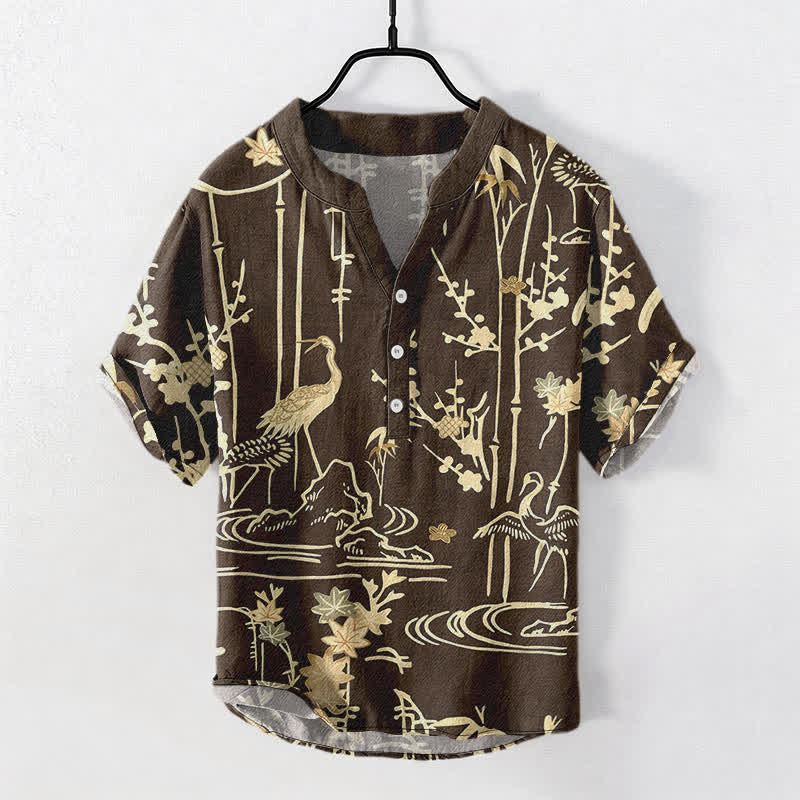 Buddha Stones Cotton Crane Bamboo Floral Pattern Men's Short Sleeve Half Button Shirt - SaddleBrown - US/UK/AU50，EU60 (5XL) - image 5