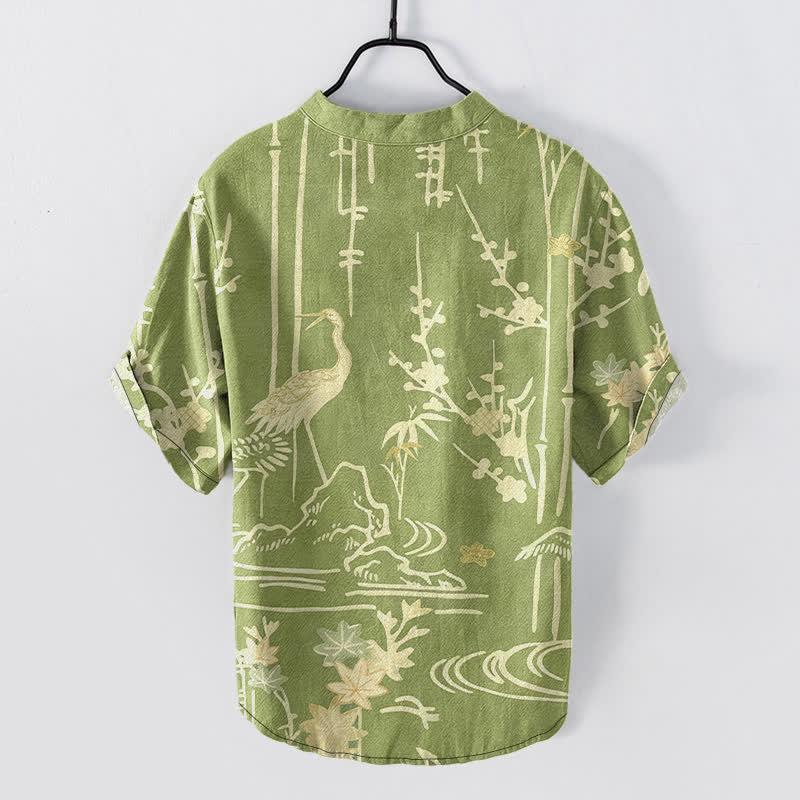 Buddha Stones Cotton Crane Bamboo Floral Pattern Men's Short Sleeve Half Button Shirt - image 8