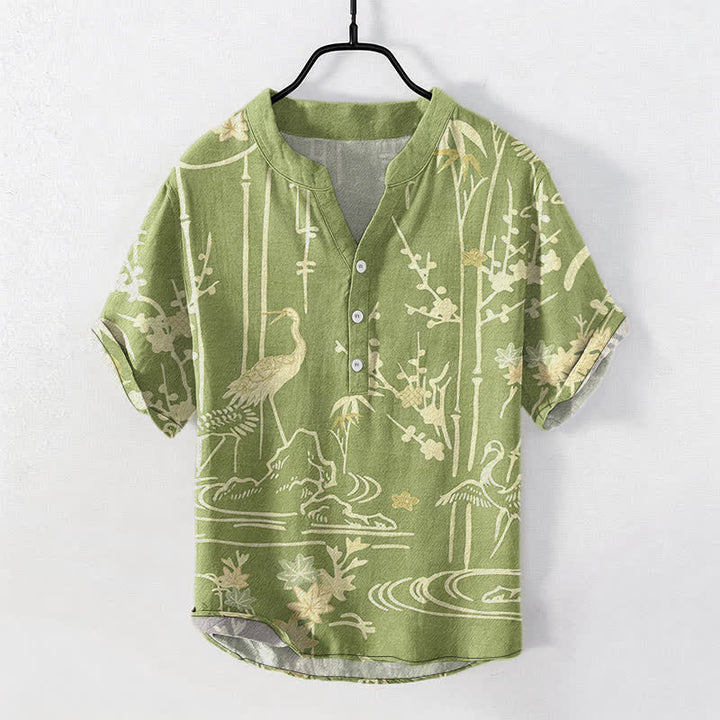 Buddha Stones Cotton Crane Bamboo Floral Pattern Men's Short Sleeve Half Button Shirt - YellowGreen - US/UK/AU50，EU60 (5XL) - image 7