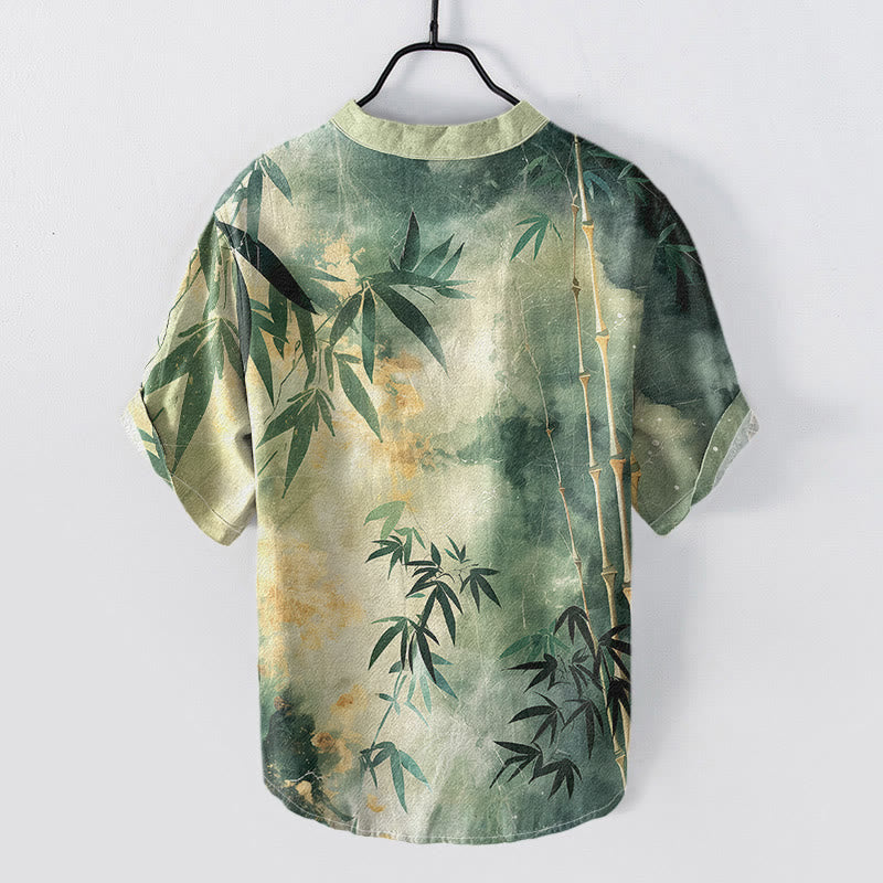 Buddha Stones Cotton Bamboo Pattern Men's Short Sleeve Half Button Shirt - image 1