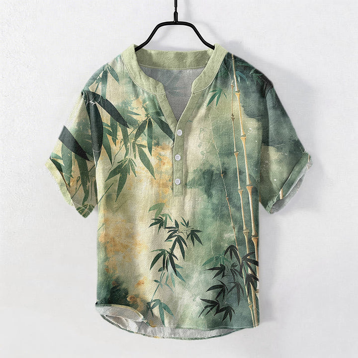 Buddha Stones Cotton Bamboo Pattern Men's Short Sleeve Half Button Shirt - image 0
