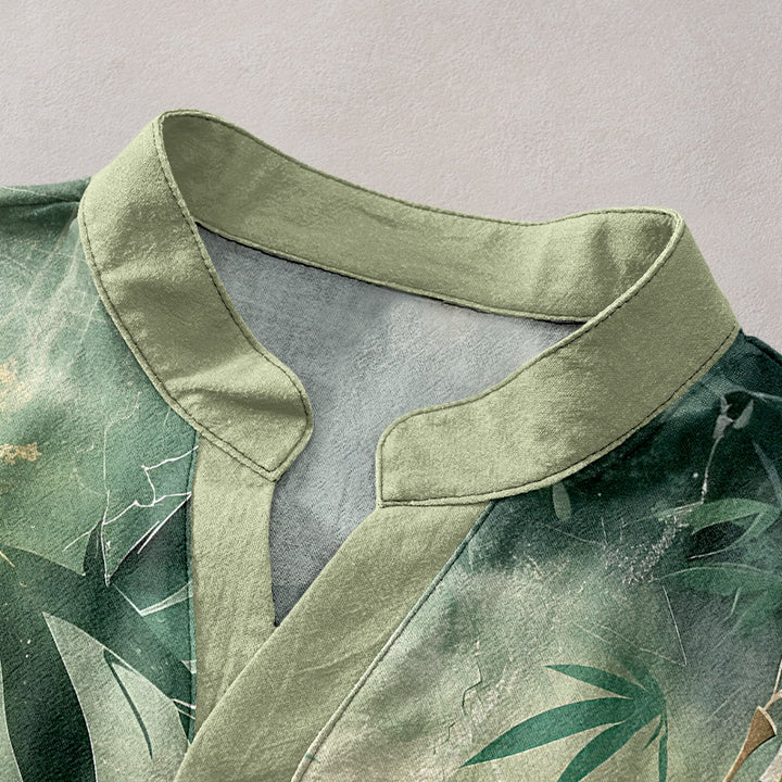 Buddha Stones Cotton Bamboo Pattern Men's Short Sleeve Half Button Shirt - image 2