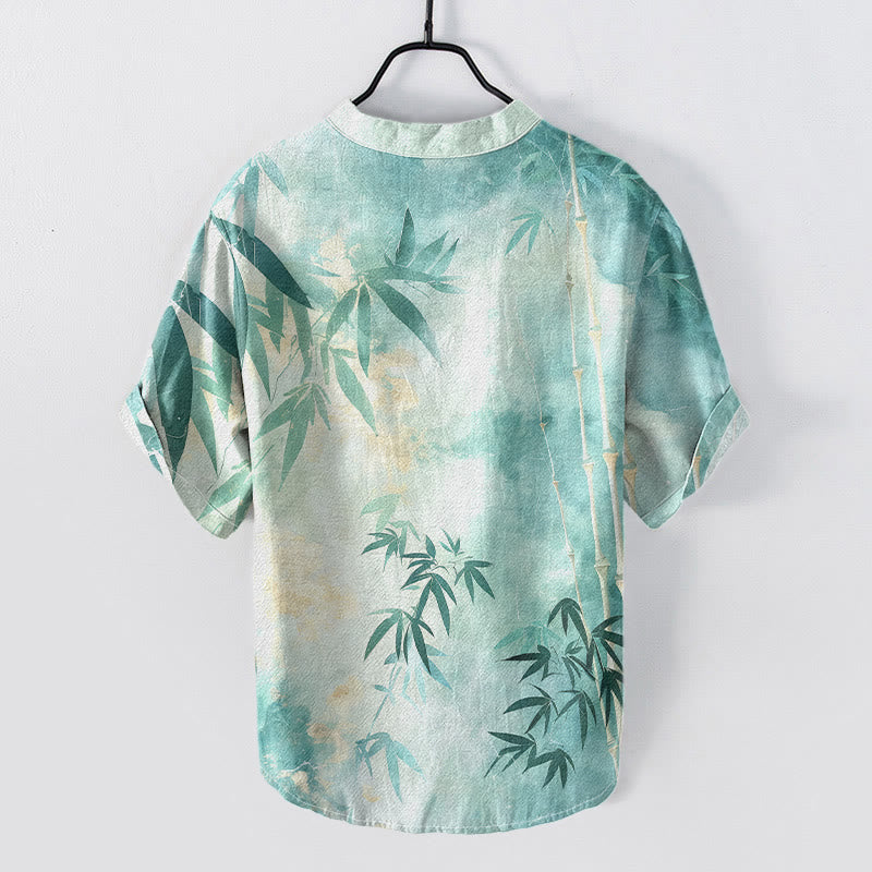 Buddha Stones Cotton Bamboo Pattern Men's Short Sleeve Half Button Shirt - image 5