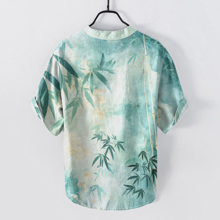Buddha Stones Cotton Bamboo Pattern Men's Short Sleeve Half Button Shirt - image 5