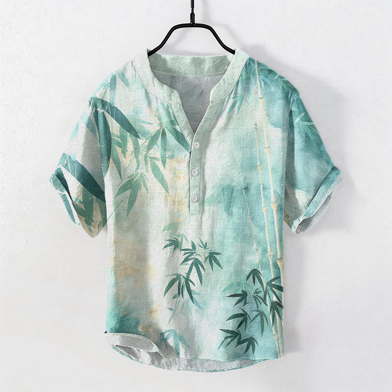 Buddha Stones Cotton Bamboo Pattern Men's Short Sleeve Half Button Shirt - MediumTurquoise - US/UK/AU50，EU60 (5XL) - image 4