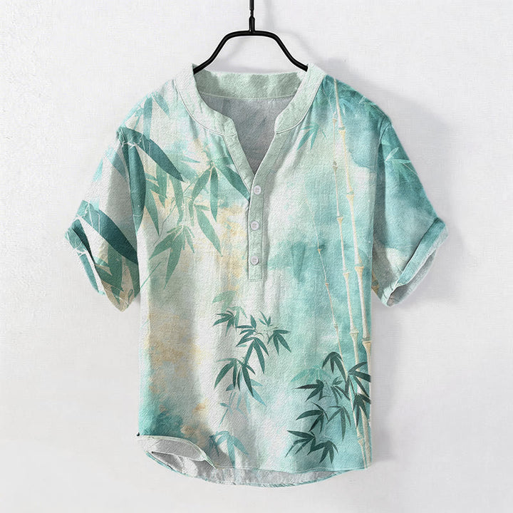 Buddha Stones Cotton Bamboo Pattern Men's Short Sleeve Half Button Shirt - MediumTurquoise - US/UK/AU50，EU60 (5XL) - image 4