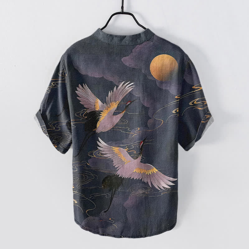 Buddha Stones Cotton Full Moon Crane Pattern Men's Short Sleeve Half Button Shirt - image 1