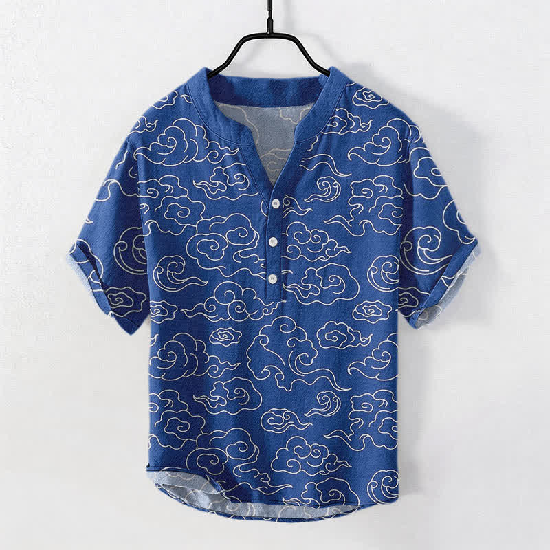 Buddha Stones Cotton Cloud Pattern Men's Short Sleeve Half Button Shirt - RoyalBlue - US/UK/AU50，EU60 (5XL) - image 0