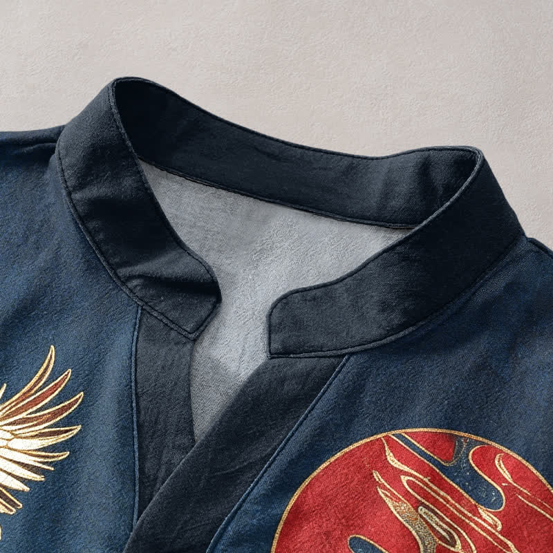 Buddha Stones Cotton Crane Wave Sun Pattern Men's Short Sleeve Half Button Shirt - image 2