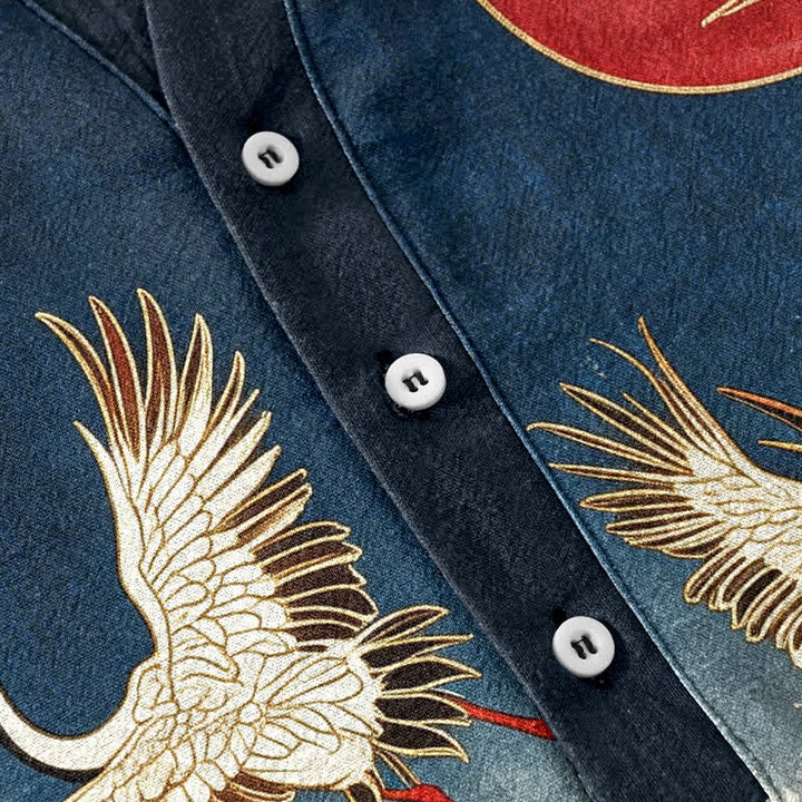 Buddha Stones Cotton Crane Wave Sun Pattern Men's Short Sleeve Half Button Shirt - image 3