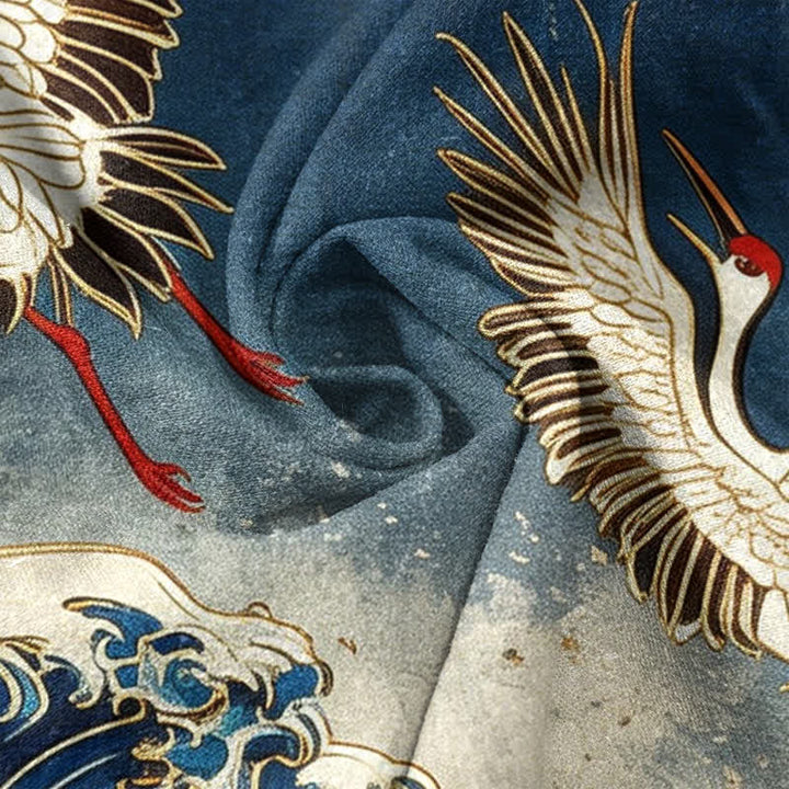 Buddha Stones Cotton Crane Wave Sun Pattern Men's Short Sleeve Half Button Shirt - image 4