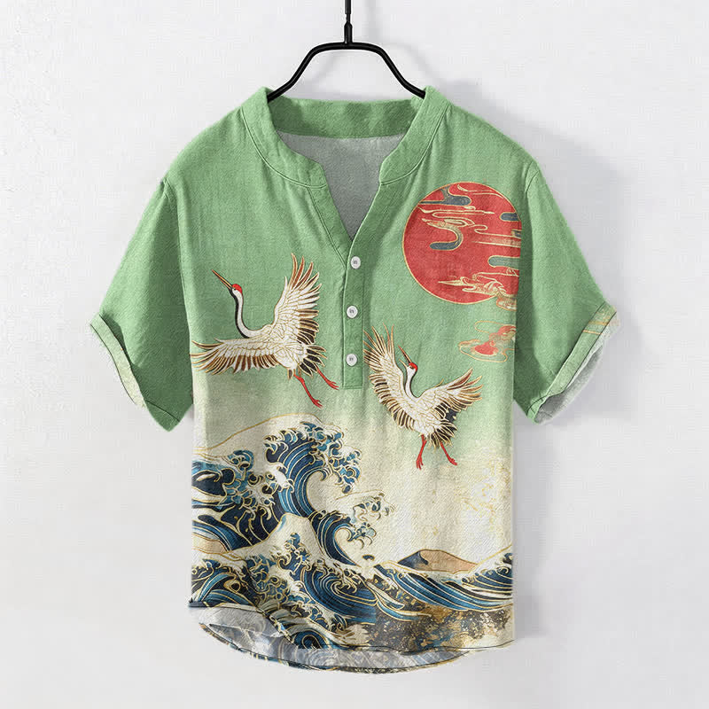 Buddha Stones Cotton Crane Wave Sun Pattern Men's Short Sleeve Half Button Shirt - image 5