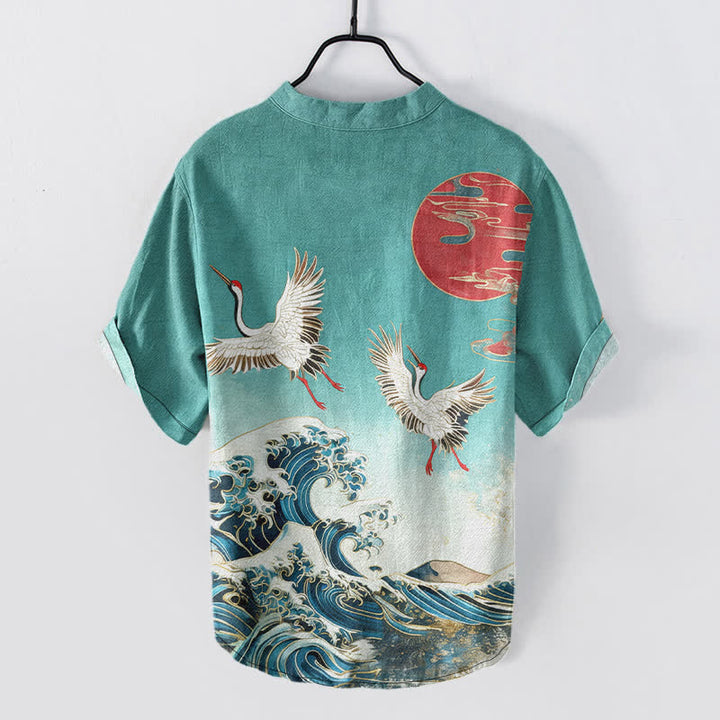 Buddha Stones Cotton Crane Wave Sun Pattern Men's Short Sleeve Half Button Shirt - image 8
