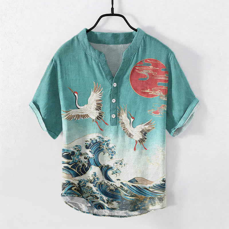 Buddha Stones Cotton Crane Wave Sun Pattern Men's Short Sleeve Half Button Shirt - CadetBlue - US/UK/AU50，EU60 (5XL) - image 7