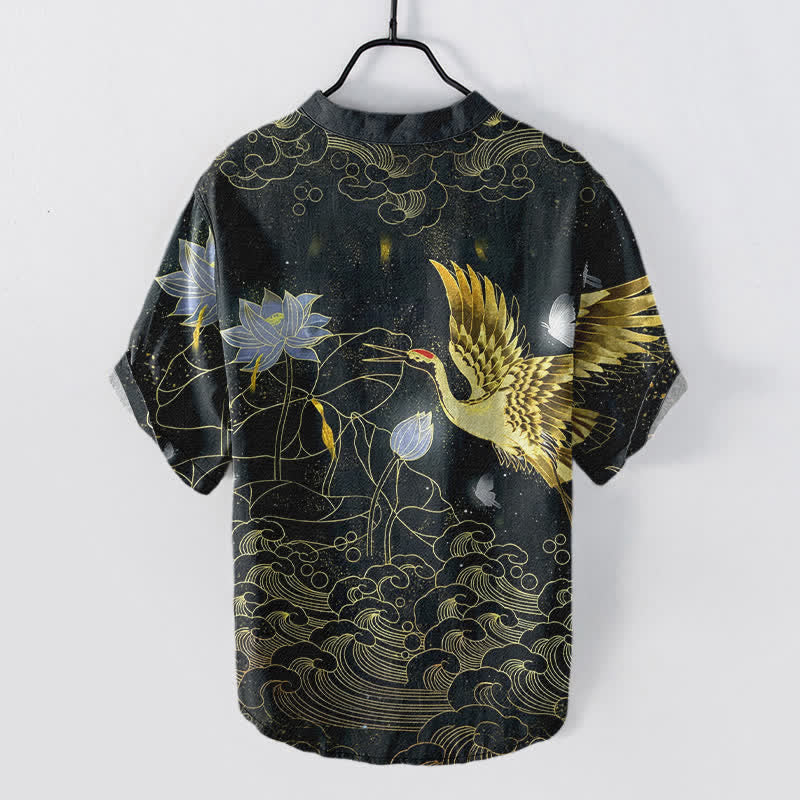 Buddha Stones Cotton Crane Wave Lotus Cloud Pattern Men's Short Sleeve Half Button Shirt - image 1