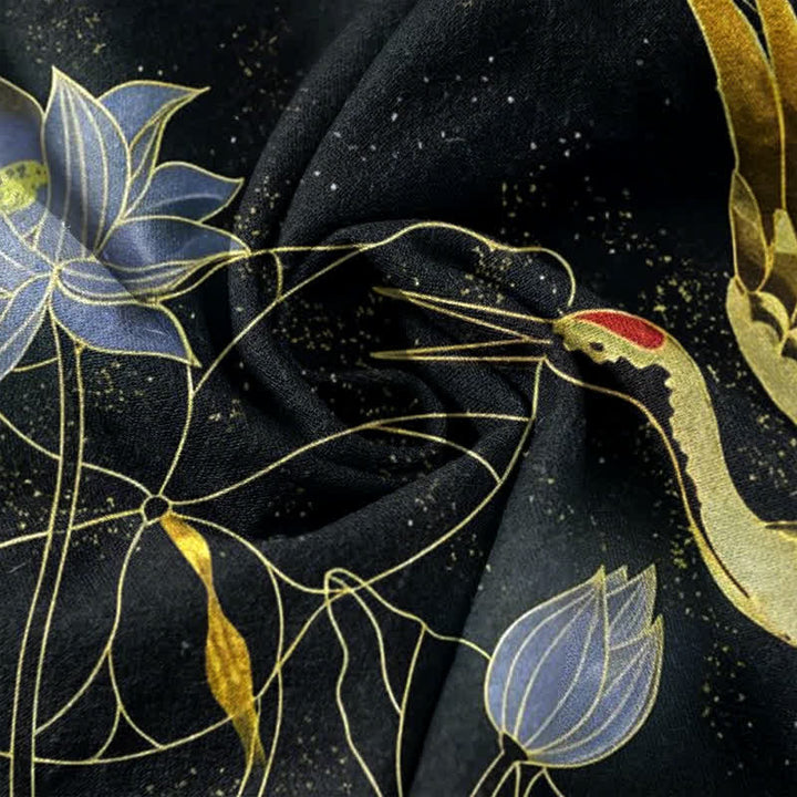 Buddha Stones Cotton Crane Wave Lotus Cloud Pattern Men's Short Sleeve Half Button Shirt - image 4