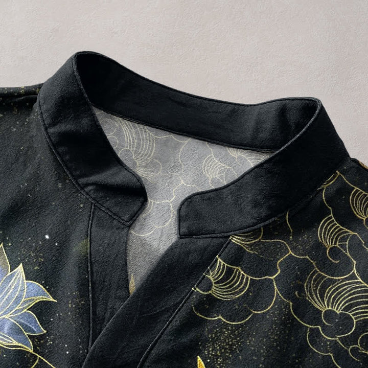 Buddha Stones Cotton Crane Wave Lotus Cloud Pattern Men's Short Sleeve Half Button Shirt - image 2