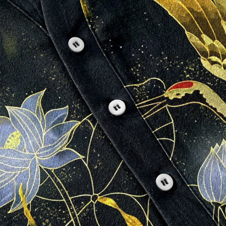 Buddha Stones Cotton Crane Wave Lotus Cloud Pattern Men's Short Sleeve Half Button Shirt - image 3