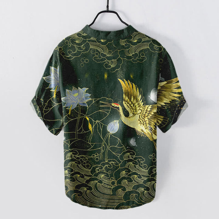 Buddha Stones Cotton Crane Wave Lotus Cloud Pattern Men's Short Sleeve Half Button Shirt - image 6