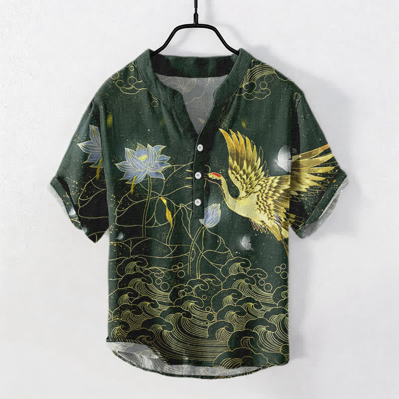 Buddha Stones Cotton Crane Wave Lotus Cloud Pattern Men's Short Sleeve Half Button Shirt - DarkGreen - US/UK/AU50，EU60 (5XL) - image 5