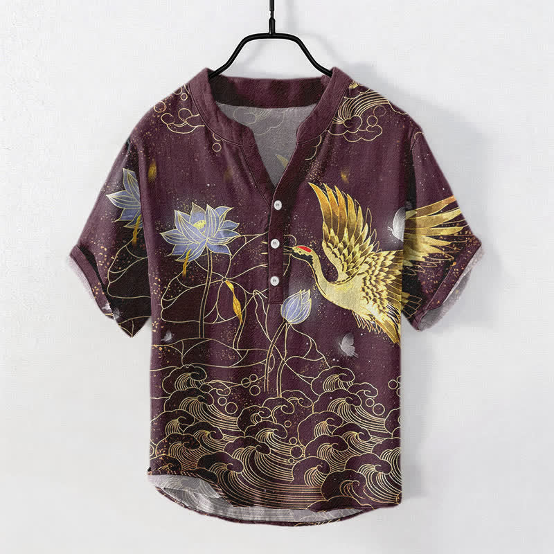 Buddha Stones Cotton Crane Wave Lotus Cloud Pattern Men's Short Sleeve Half Button Shirt - DarkMagenta - US/UK/AU50，EU60 (5XL) - image 7