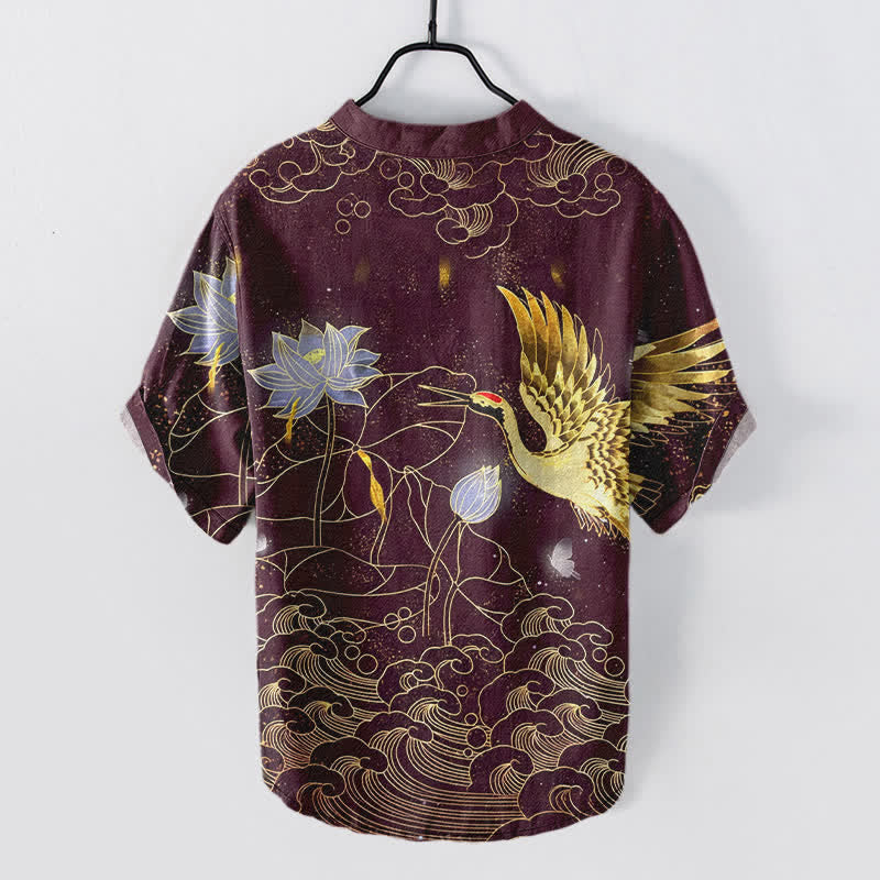Buddha Stones Cotton Crane Wave Lotus Cloud Pattern Men's Short Sleeve Half Button Shirt - image 8