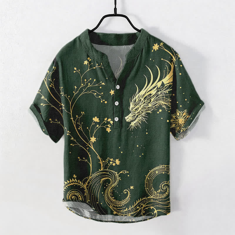 Buddha Stones Cotton Wave Dragon Flower Pattern Men's Short Sleeve Half Button Shirt - SeaGreen - US/UK/AU50，EU60 (5XL) - image 5