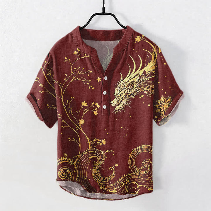 Buddha Stones Cotton Wave Dragon Flower Pattern Men's Short Sleeve Half Button Shirt - FireBrick - US/UK/AU50，EU60 (5XL) - image 7